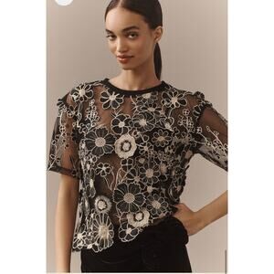 NWT / Anthropologie /  Dolan Left Coast Flower Appliqué Sheer Tee / sz L